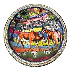 Handmade & Painted Penzo Zimbabwe Safari Antelope Zebra Ceramic Bowl 10" African